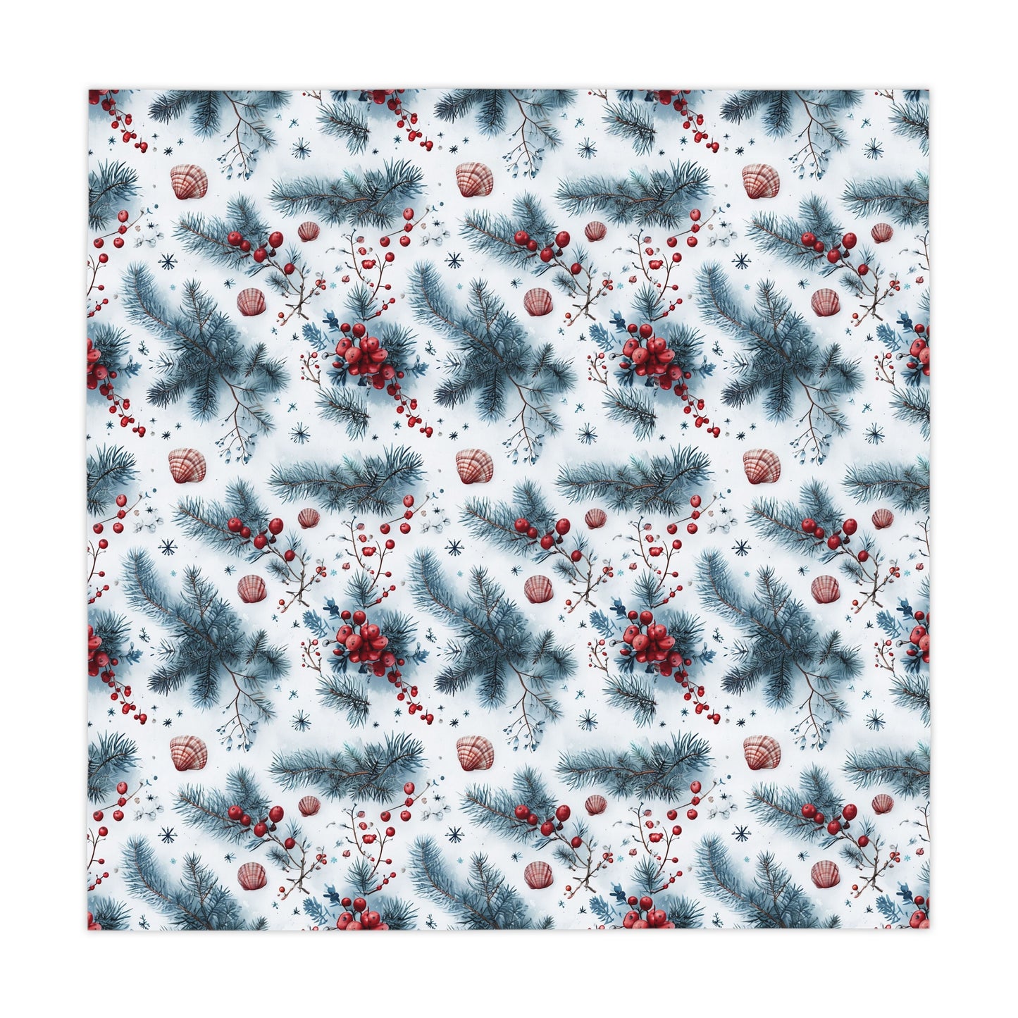 Tablecloth, Beachy Christmas Seashells and Evergreen Sprigs, Shells and Holly Table Cover, Holiday Decor, Christmas Tablecloth, Coastal Home