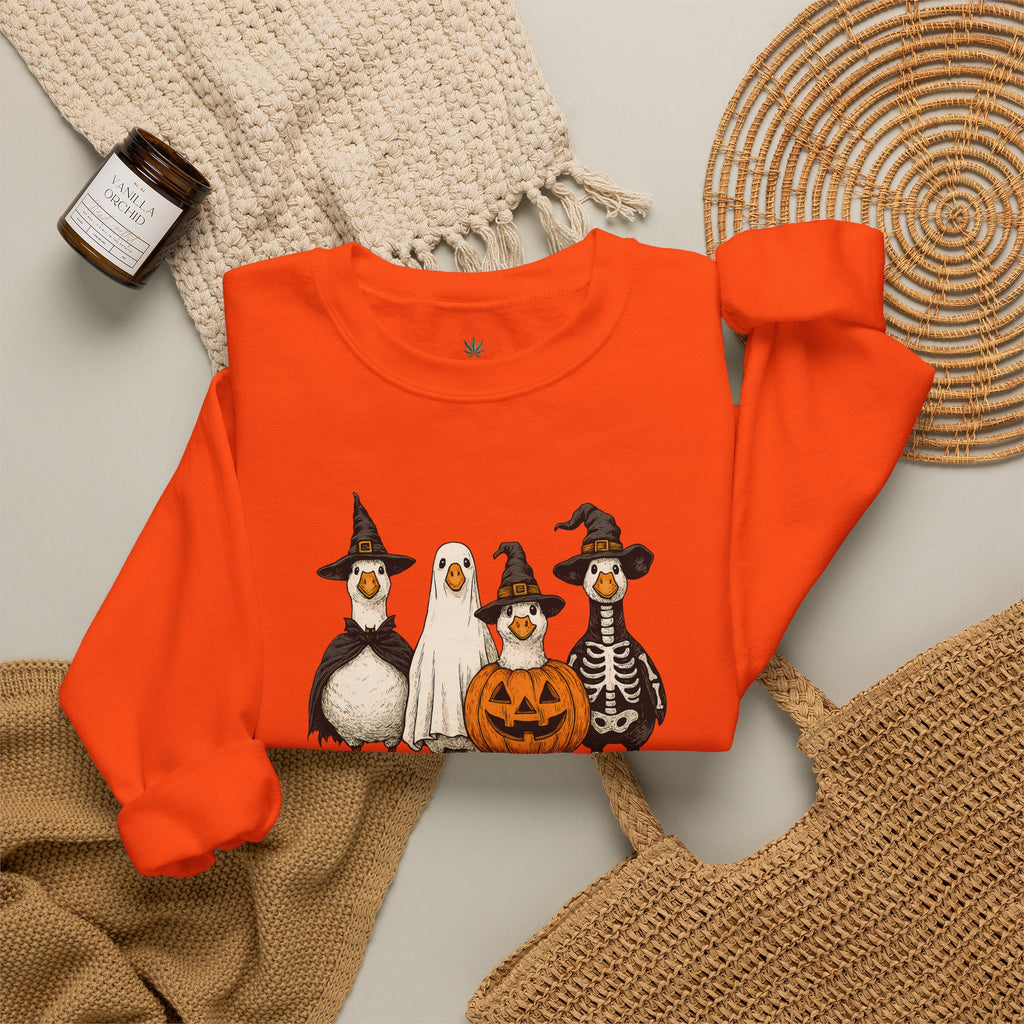 Halloween Duck Crewneck Sweatshirt — Cute Ducks in Costumes with Pumpkin & Skeleton