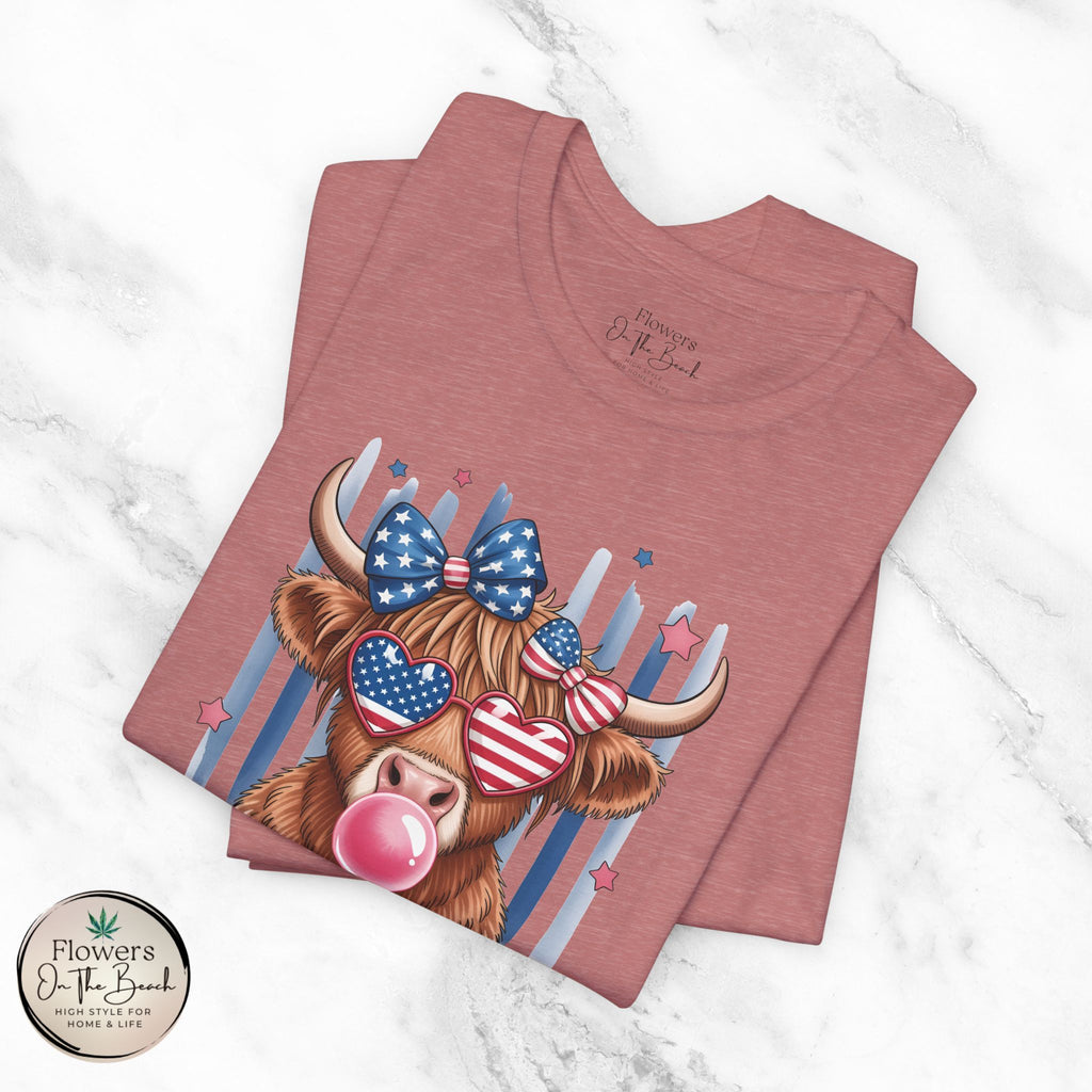 All-American Girl Highland Cow T-Shirt — Patriotic Cute Cow Tee
