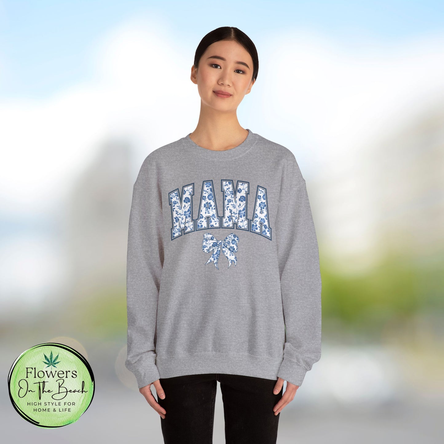 Floral Mama Coquette Blue Flowers Crewneck Sweatshirt, Mother's Day Gift, Gift for Her, Mom Apparel, Floral Sweatshirt, Boy Mom Sweatshirt