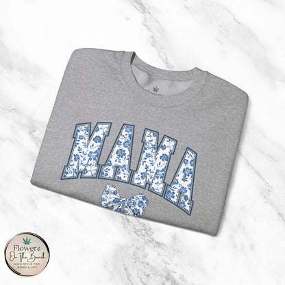 Floral Mama Coquette Blue Flowers Crewneck Sweatshirt, Mother's Day Gift, Gift for Her, Mom Apparel, Floral Sweatshirt, Boy Mom Sweatshirt