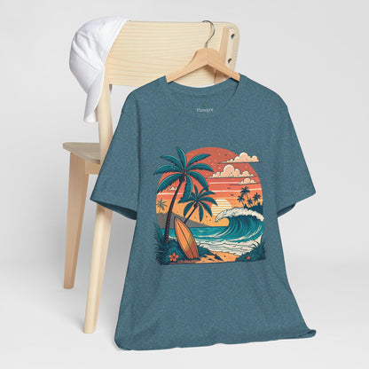 Beach Sunset Surfboards T-Shirt, Ocean Wave Tee, Summer Vacation Top, Beach Lover Shirt, Tropical Beach Apparel