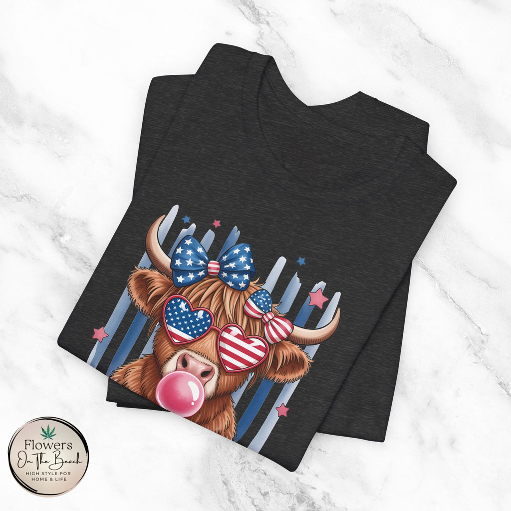 All-American Girl Highland Cow T-Shirt — Patriotic Cute Cow Tee