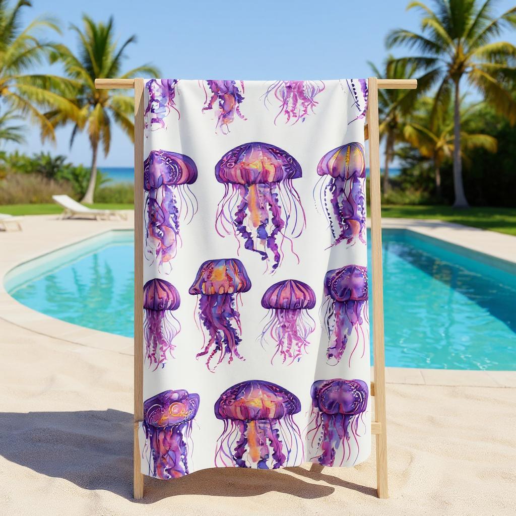 Purple Jellyfish Beach Towel, Ocean Inspired Towel, Sea Creature Design, Summer Beach Blanket, Coastal Home Decor, Beach Lover Gift