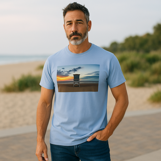 Lifeguard Perch, Sunrise Beach Tshirt, Summer Graphic Tee, Beach Lover Shirt, Ocean Vacation Top, Unisex Surfing Tee, Beach Bum Apparel