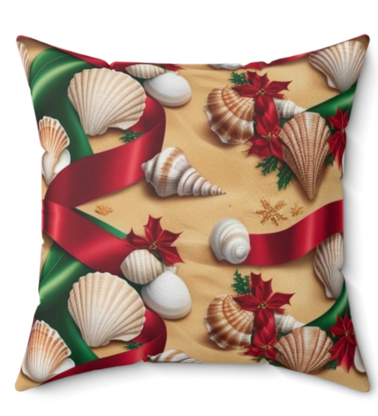 Beachy Holiday Pillow, Square Pillow, Throw Pillow, Home Decor, Coastal Pillow, Seashell Pillow, Ribbon Pillow