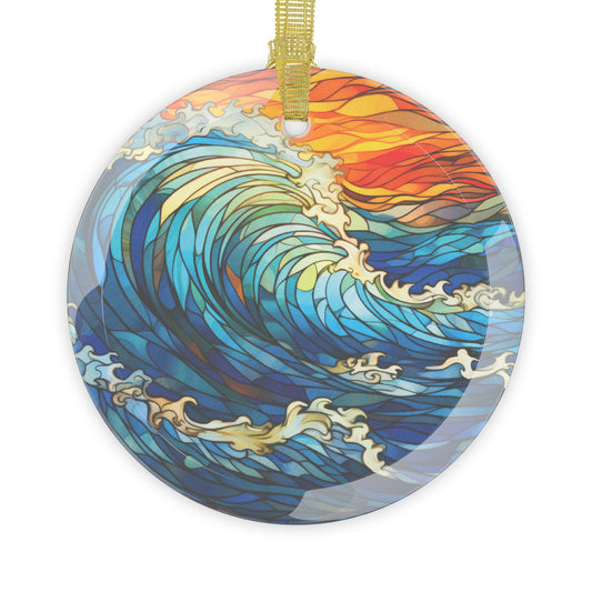Glass Ornaments, Stained Glass Style Ocean Wave Ornament - Holiday Decor, Christmas Tree Decoration, Coastal Home Accents, Unique Gift