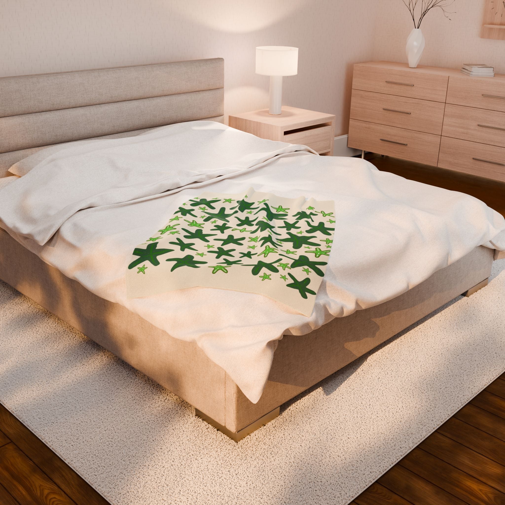 Sandy Colored with Green Starfish, Beachy Velveteen Plush Blanket