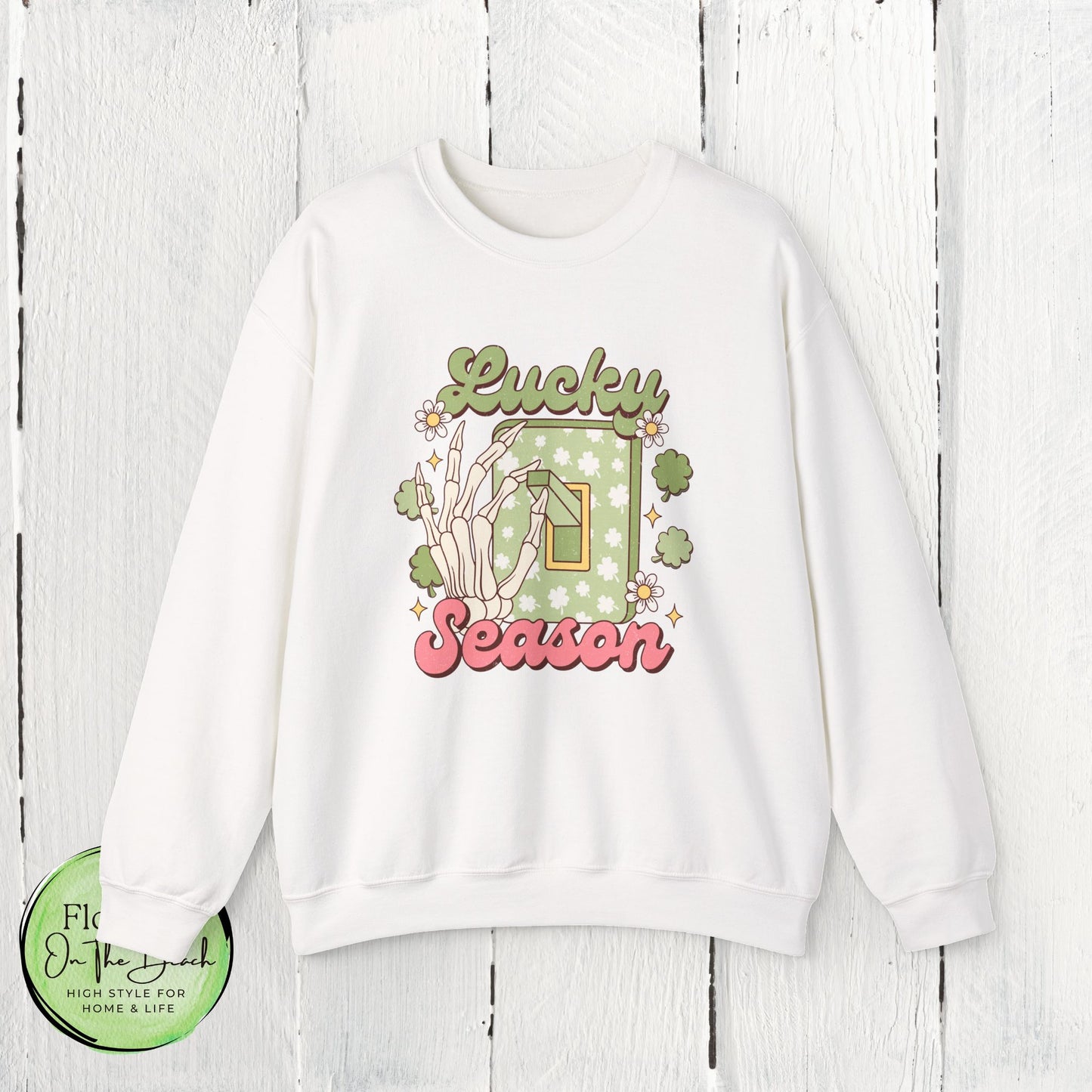 St Patrick's Day Crewneck Sweatshirt, Lucky Season Skeleton Hand Light Switch, Unisex Heavy Blend Pullover, Gift for St Paddy's Day,