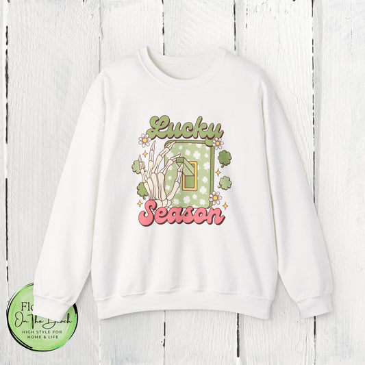 St Patrick's Day Crewneck Sweatshirt, Lucky Season Skeleton Hand Light Switch, Unisex Heavy Blend Pullover, Gift for St Paddy's Day,