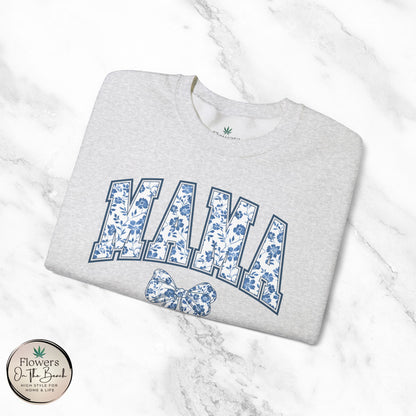 Floral Mama Coquette Blue Flowers Crewneck Sweatshirt, Mother's Day Gift, Gift for Her, Mom Apparel, Floral Sweatshirt, Boy Mom Sweatshirt
