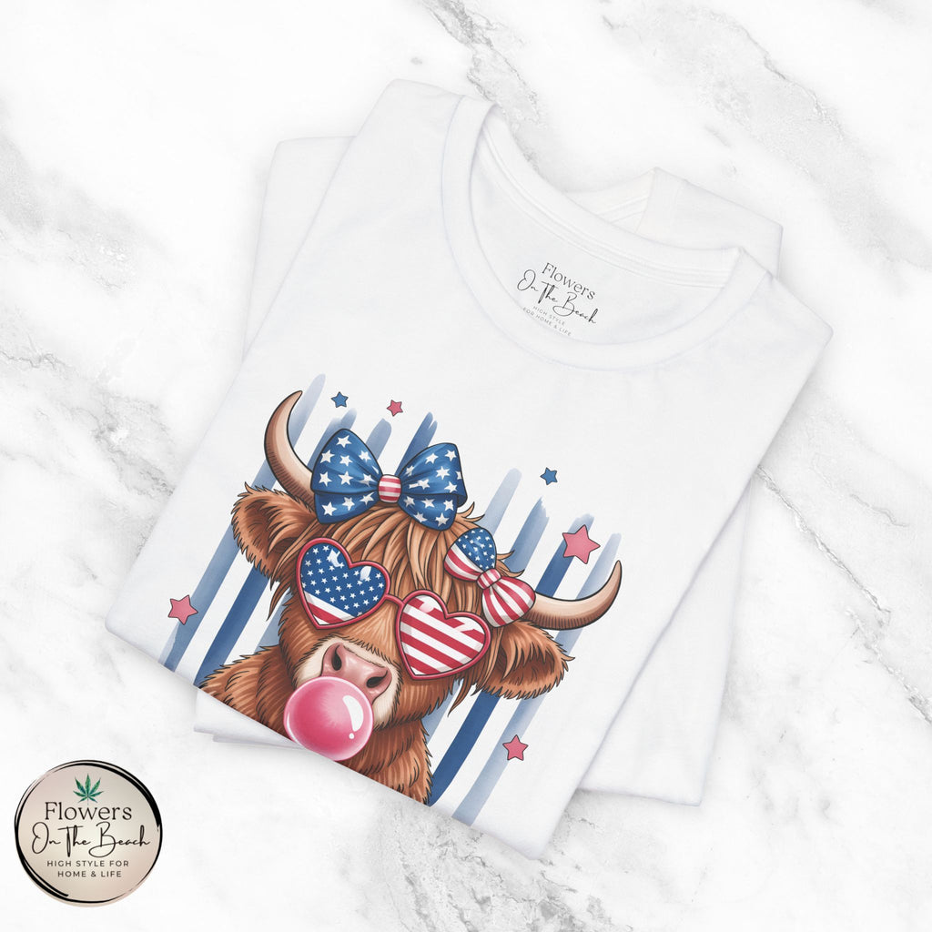 All-American Girl Highland Cow T-Shirt — Patriotic Cute Cow Tee