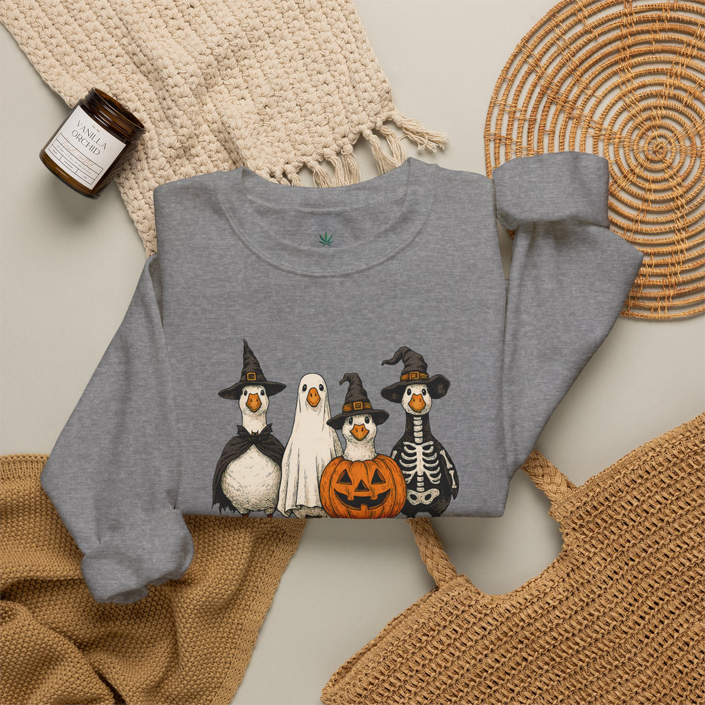 Halloween Duck Crewneck Sweatshirt — Cute Ducks in Costumes with Pumpkin & Skeleton