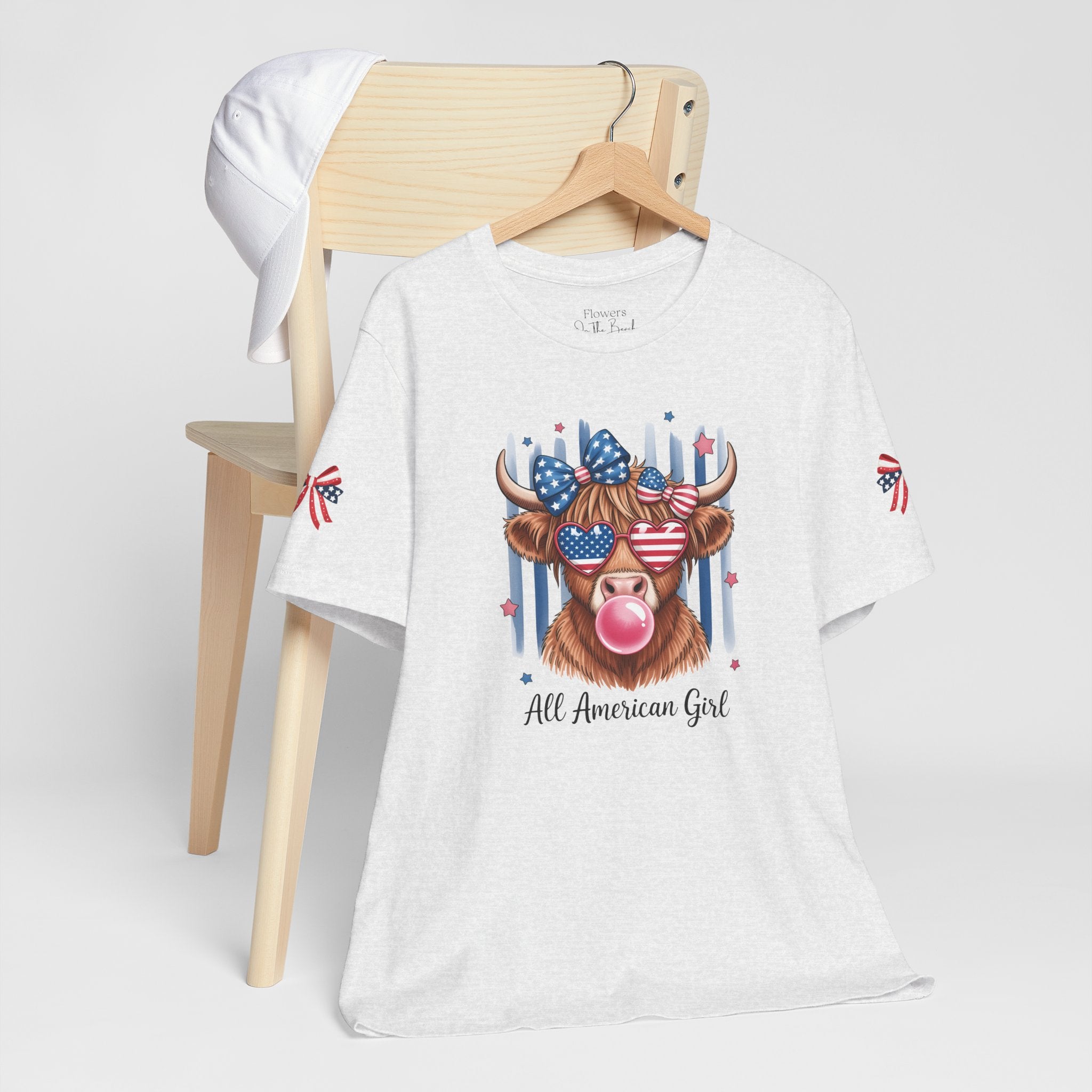 All-American Girl Highland Cow T-Shirt — Patriotic Cute Cow Tee