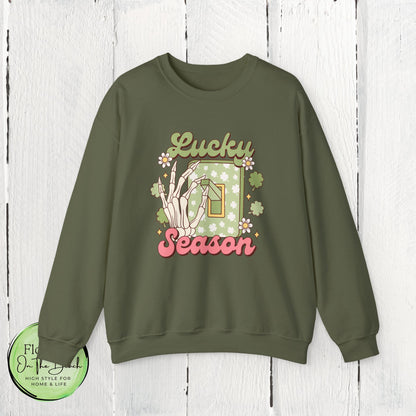 St Patrick's Day Crewneck Sweatshirt, Lucky Season Skeleton Hand Light Switch, Unisex Heavy Blend Pullover, Gift for St Paddy's Day,