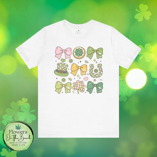 St Patrick's Day Retro Style Unisex Tee, Irish Holiday Gift, Vintage Shamrocks, Lucky Charms Shirt, Green Bow Coin Heart Top