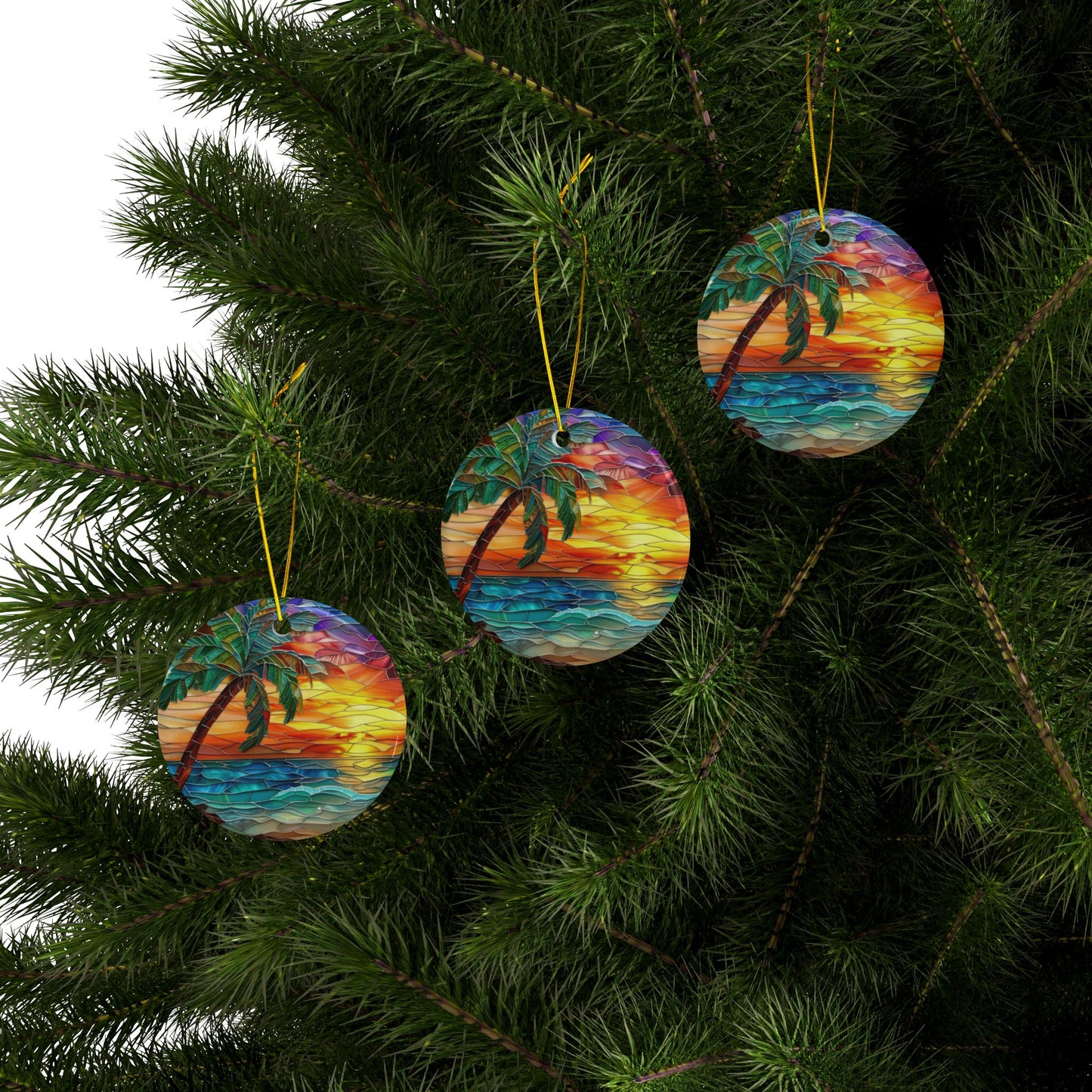 Ceramic Ornaments, Tropical Sunset Palm Tree, Mosaic Style, Decorative Home Decor, Christmas Ornament, Holiday Decoration, Tree Ornament,