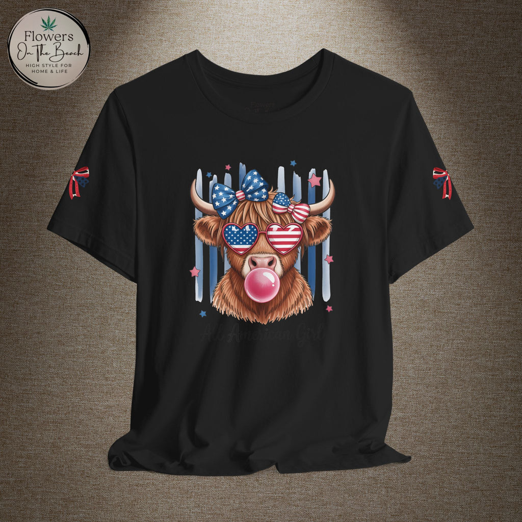 All-American Girl Highland Cow T-Shirt — Patriotic Cute Cow Tee