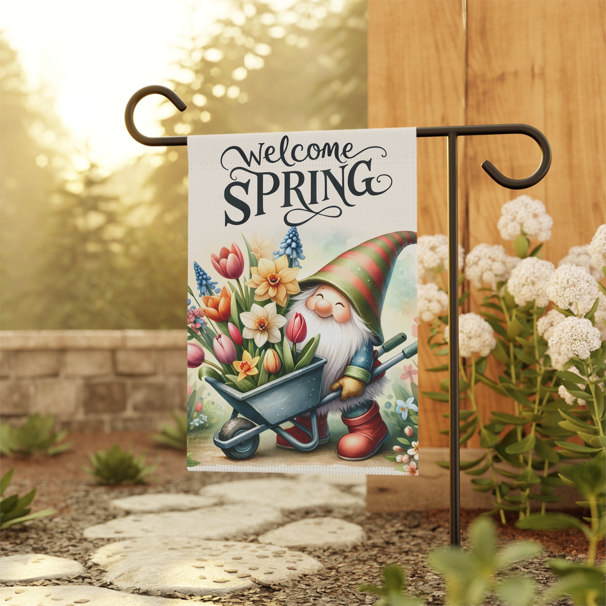 Gnome and Spring Flowers Garden Flag