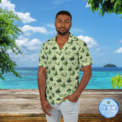 Men's Weed Hawaiian Shirt, Festive Green Marijuana Aloha Shirt, Tropical Cannabis Flowers Button-Up, Rasta Leaf Beach Shirt, Summer 420