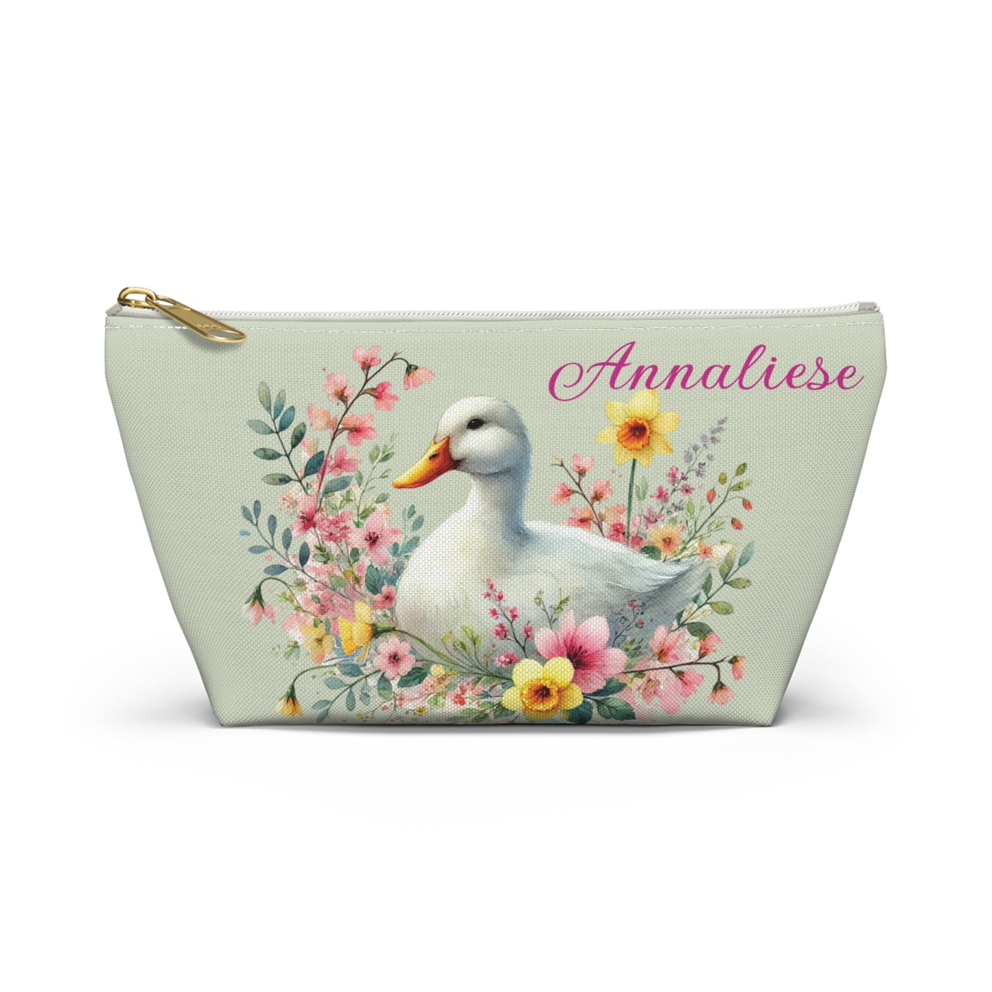 Personalized Floral Duck Accessory Pouch, Cute Makeup Bag, Spring Gift, Organizer, Easter Decor, Flower-Themed Storage