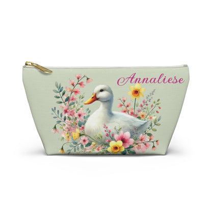 Personalized Floral Duck Accessory Pouch, Cute Makeup Bag, Spring Gift, Organizer, Easter Decor, Flower-Themed Storage
