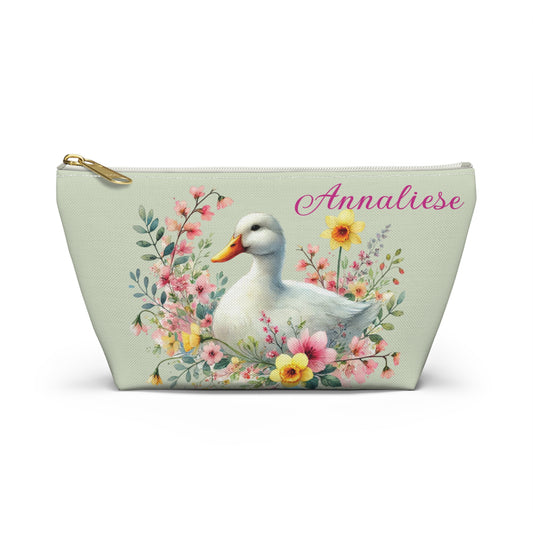 Personalized Floral Duck Accessory Pouch, Cute Makeup Bag, Spring Gift, Organizer, Easter Decor, Flower-Themed Storage