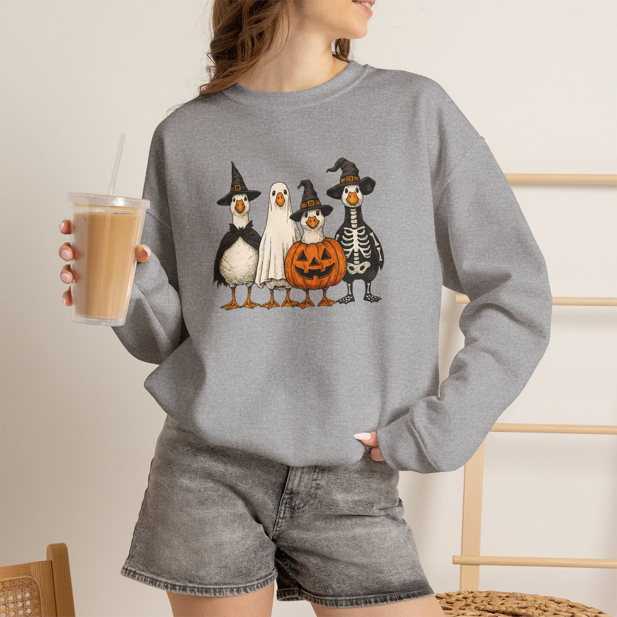 Halloween Duck Crewneck Sweatshirt — Cute Ducks in Costumes with Pumpkin & Skeleton