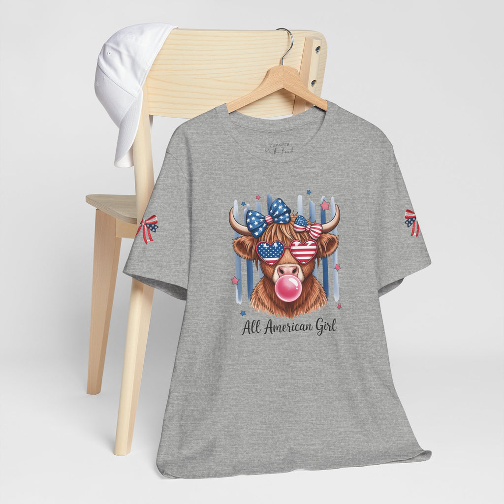 All-American Girl Highland Cow T-Shirt — Patriotic Cute Cow Tee