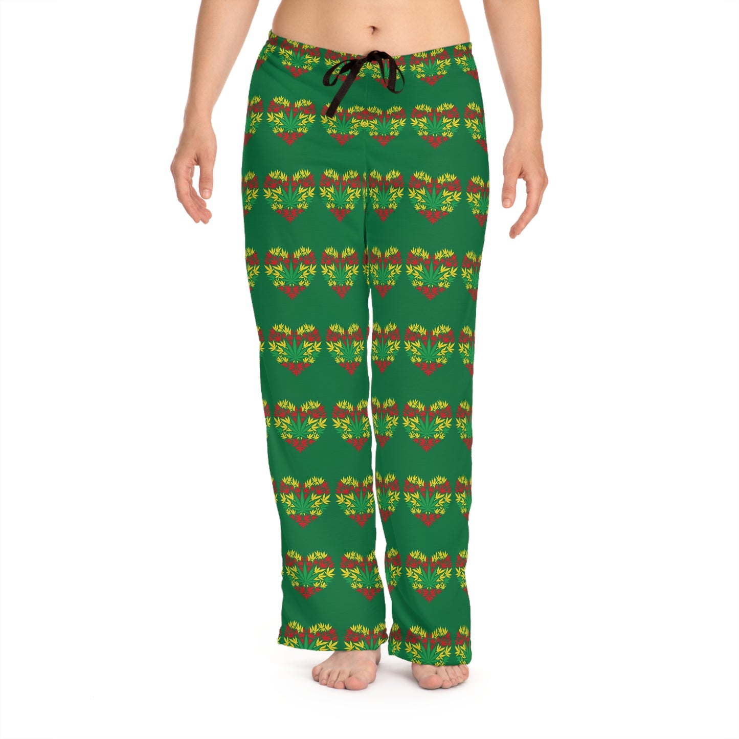 Women's Pajama Pants, Valentine's Day St Patrick's Day Cannabis Heart Lounge Pants, Green PJ Bottoms
