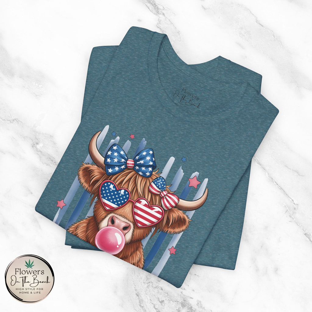 All-American Girl Highland Cow T-Shirt — Patriotic Cute Cow Tee