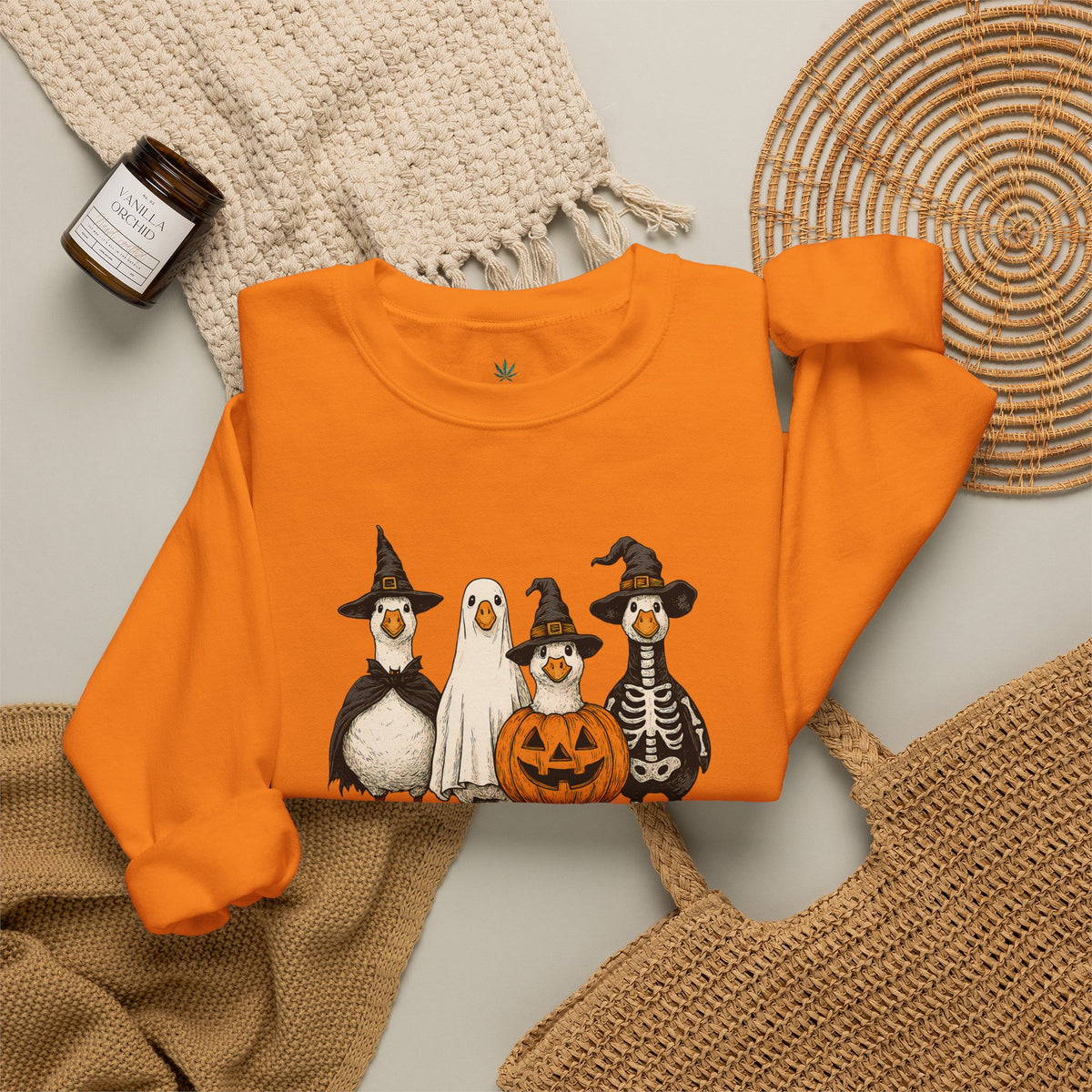 Halloween Duck Crewneck Sweatshirt — Cute Ducks in Costumes with Pumpkin & Skeleton