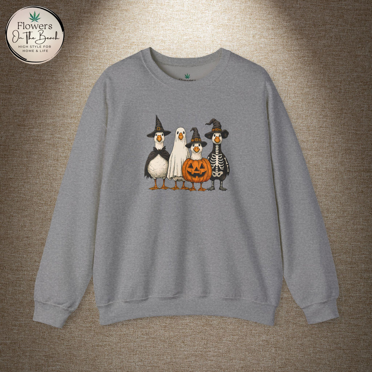 Halloween Duck Crewneck Sweatshirt — Cute Ducks in Costumes with Pumpkin & Skeleton