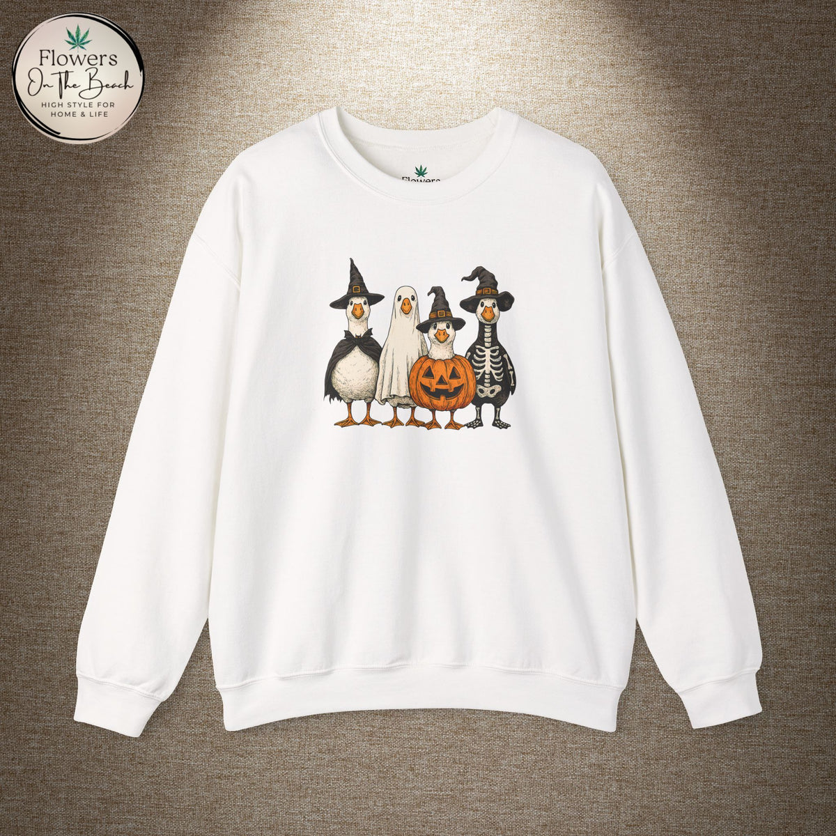 Halloween Duck Crewneck Sweatshirt — Cute Ducks in Costumes with Pumpkin & Skeleton