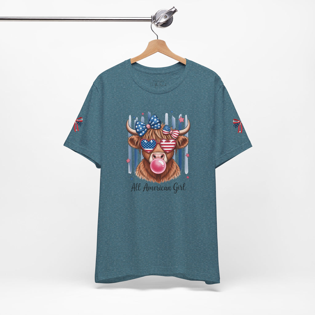 All-American Girl Highland Cow T-Shirt — Patriotic Cute Cow Tee