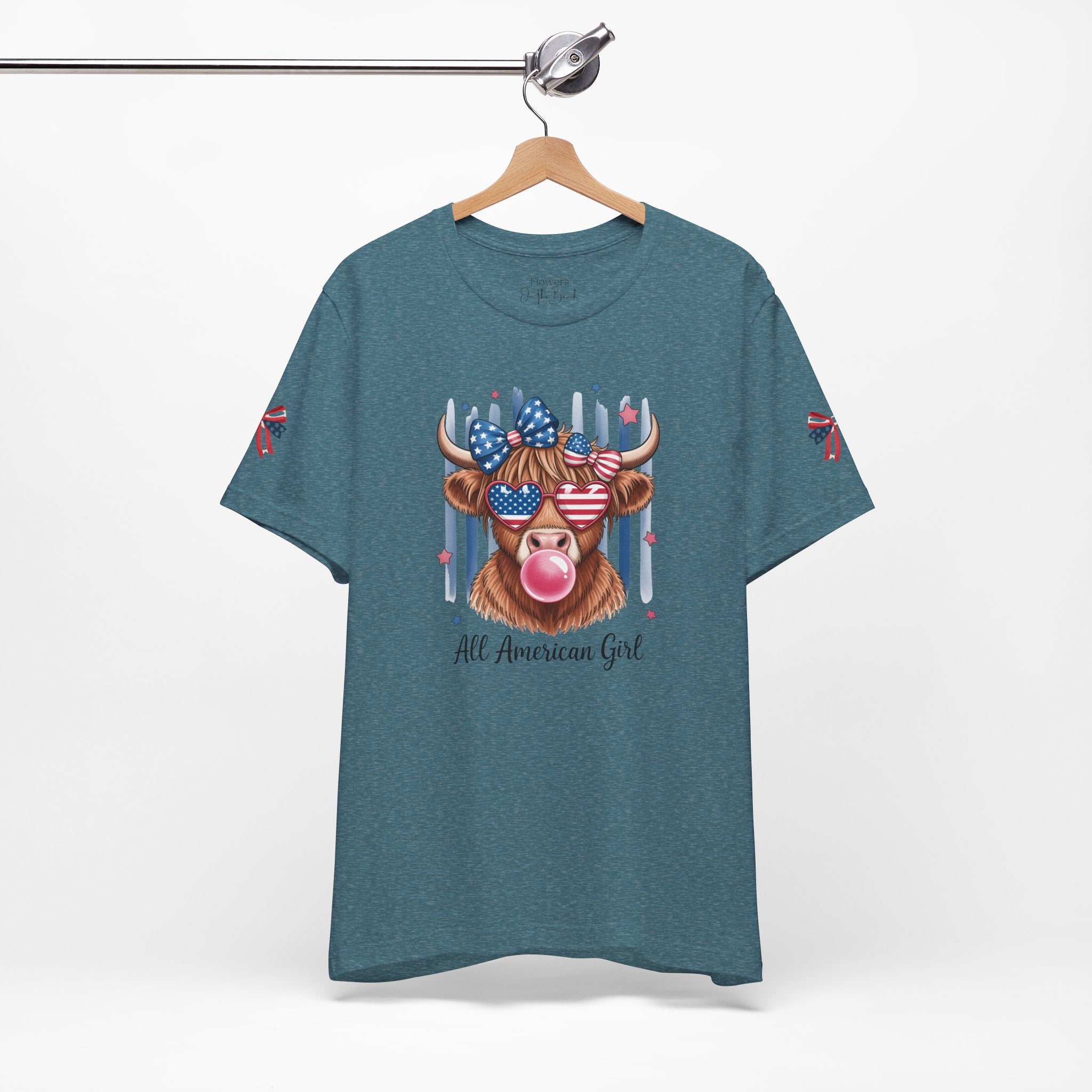 All-American Girl Highland Cow T-Shirt — Patriotic Cute Cow Tee