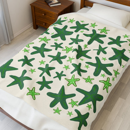 Velveteen Plush Blanket, Sandy Colored with Green Starfish, Beachy Design