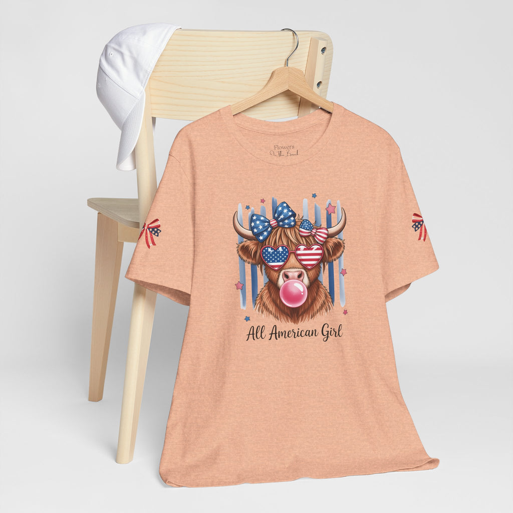 All-American Girl Highland Cow T-Shirt — Patriotic Cute Cow Tee