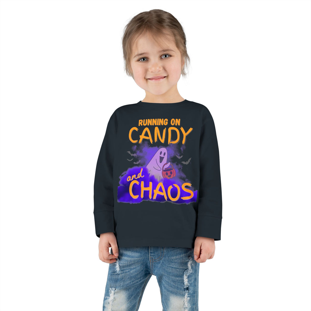 Toddler Long Sleeve Tee - 'Running on Candy and Chaos' Halloween Pumpkin Shirt