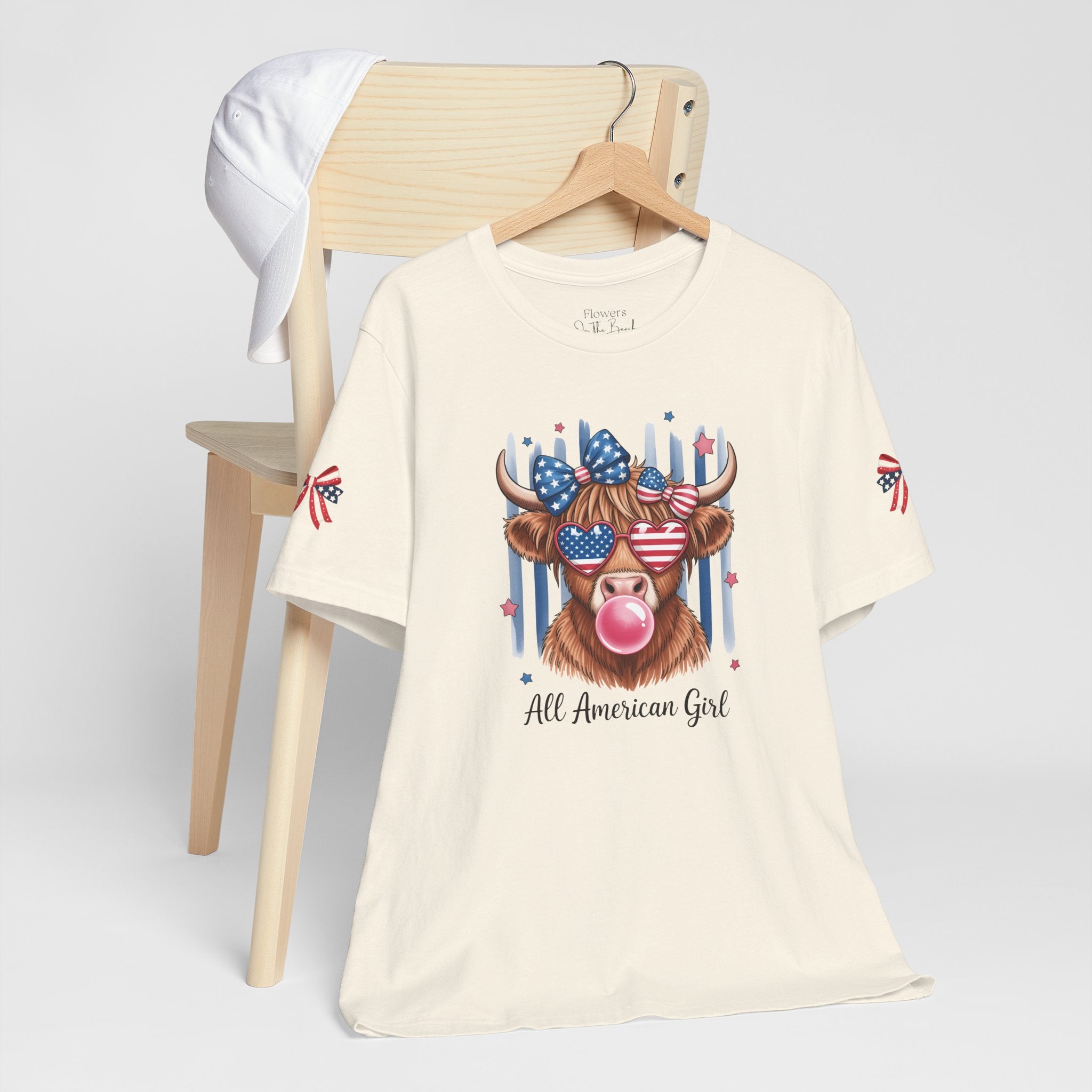 All-American Girl Highland Cow T-Shirt — Patriotic Cute Cow Tee