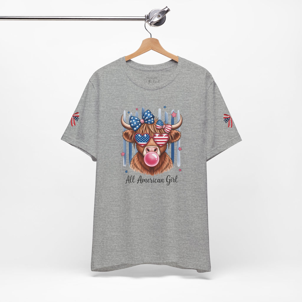 All-American Girl Highland Cow T-Shirt — Patriotic Cute Cow Tee