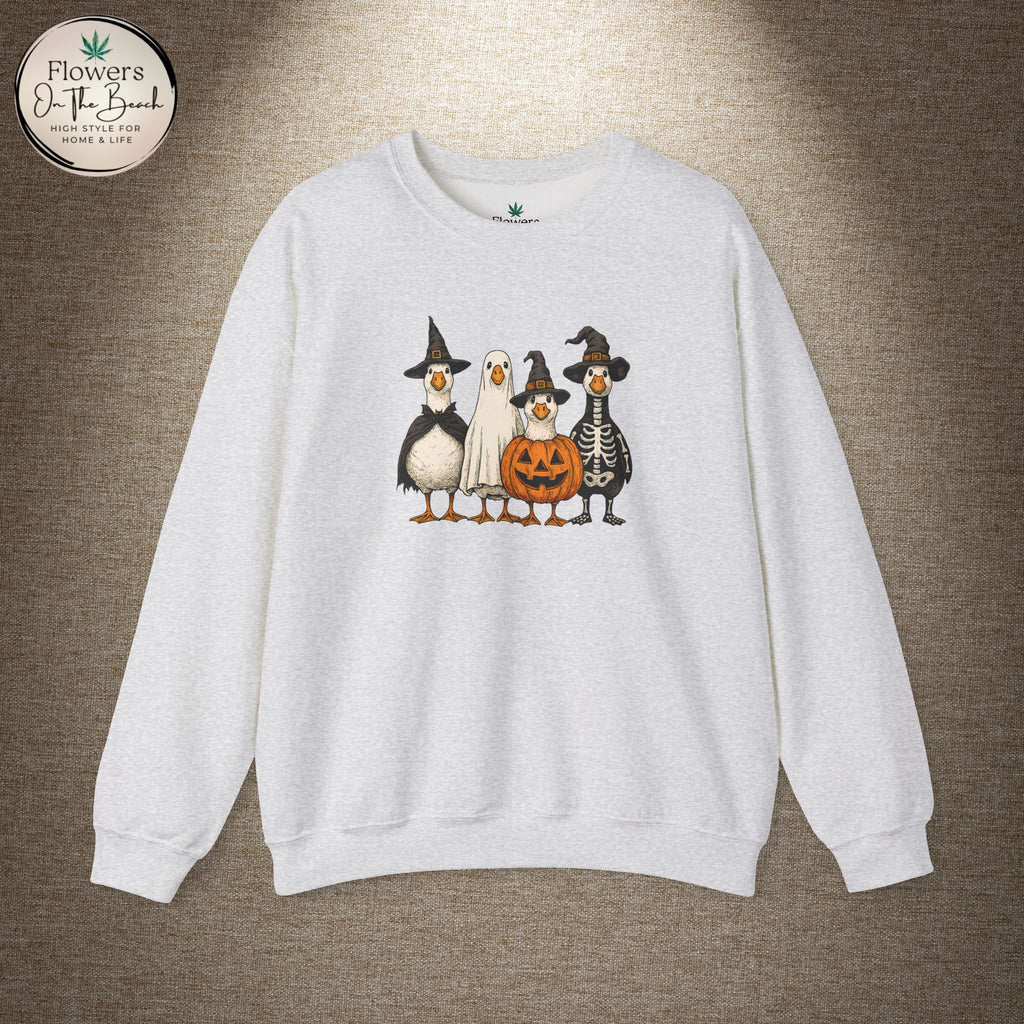 Halloween Duck Crewneck Sweatshirt — Cute Ducks in Costumes with Pumpkin & Skeleton