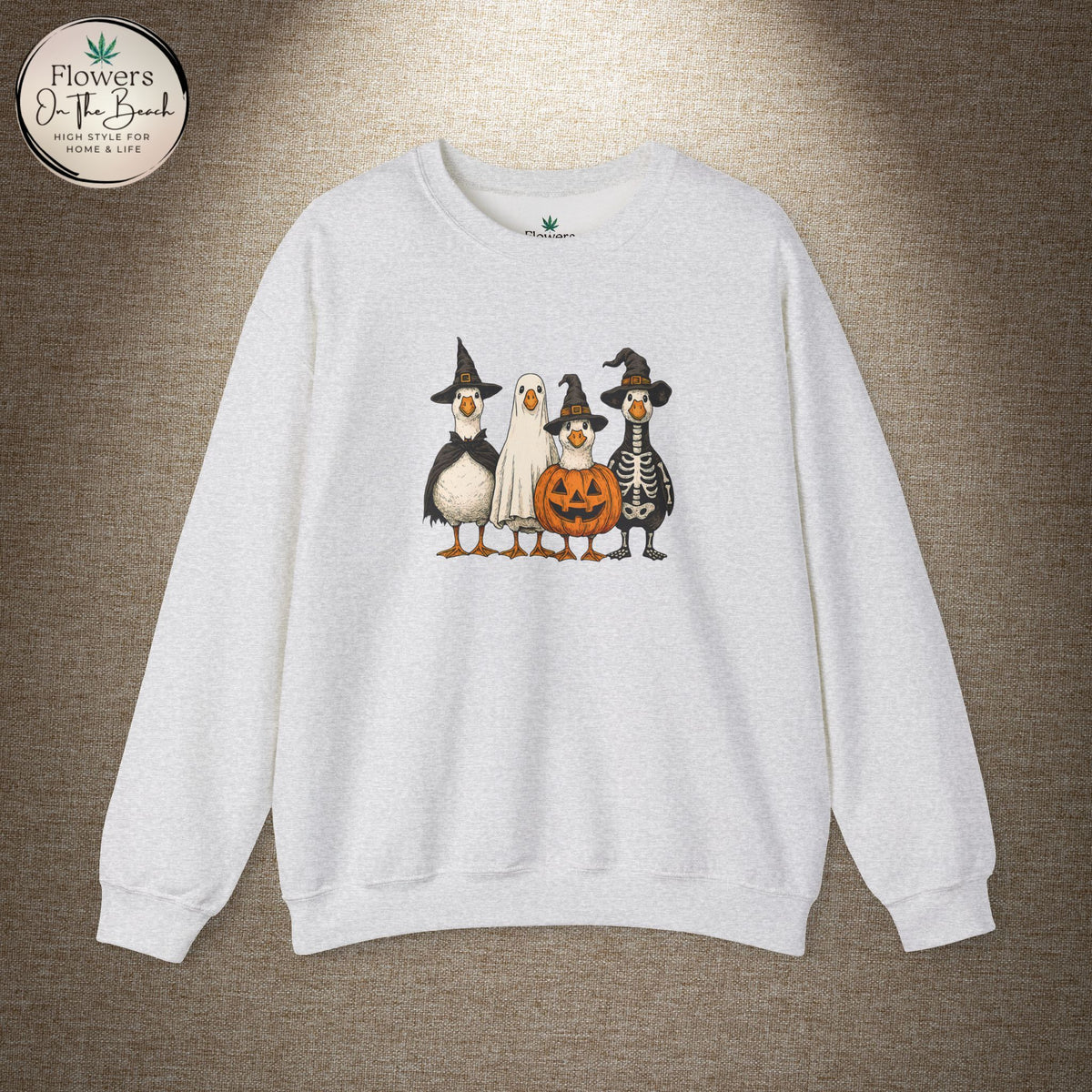 Halloween Duck Crewneck Sweatshirt — Cute Ducks in Costumes with Pumpkin & Skeleton