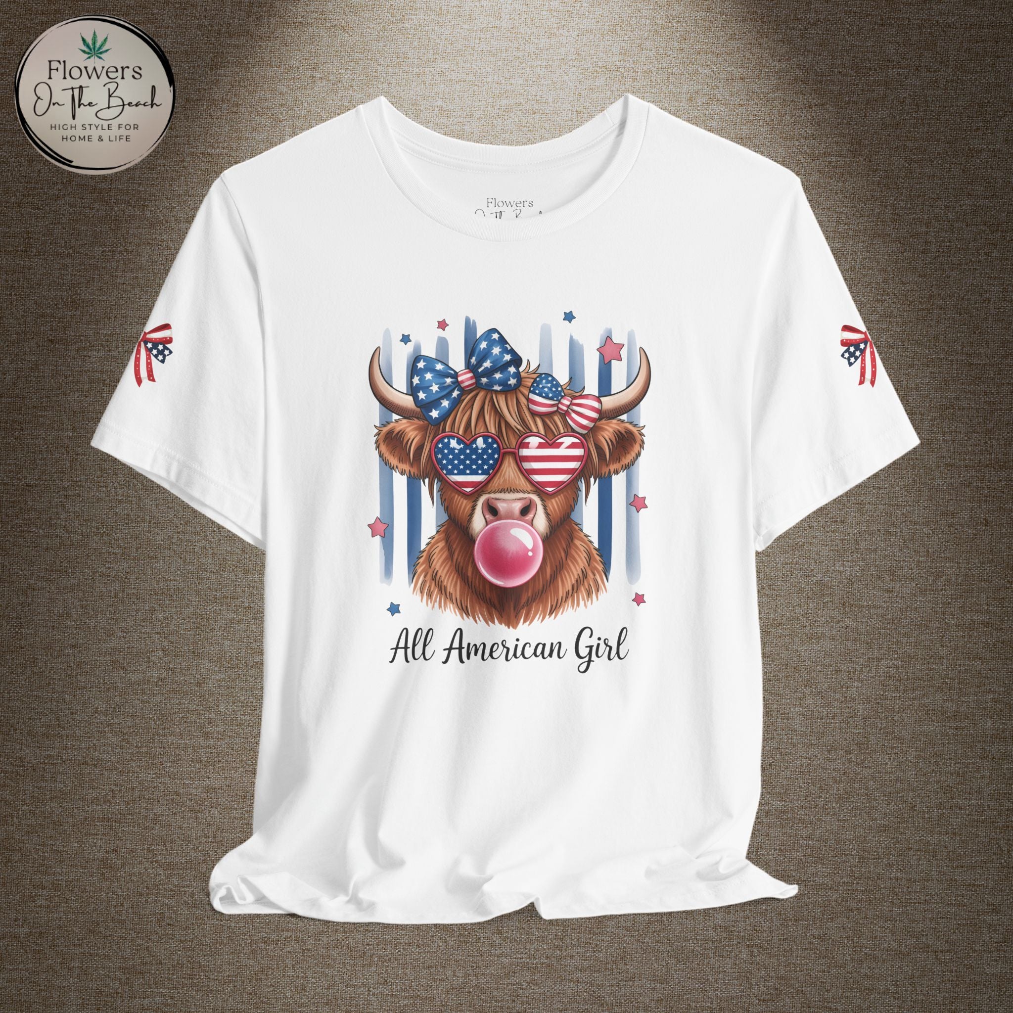 All-American Girl Highland Cow T-Shirt — Patriotic Cute Cow Tee