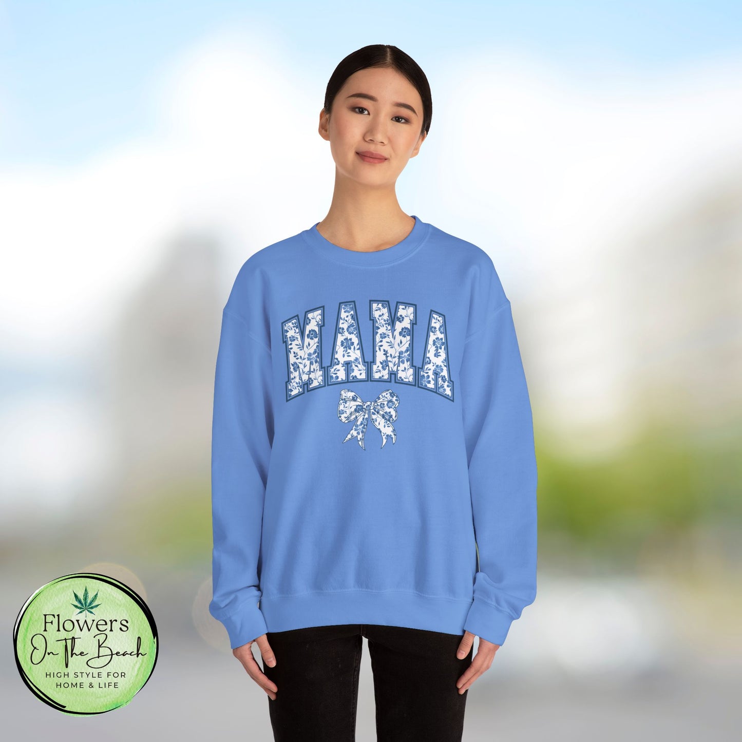 Floral Mama Coquette Blue Flowers Crewneck Sweatshirt, Mother's Day Gift, Gift for Her, Mom Apparel, Floral Sweatshirt, Boy Mom Sweatshirt