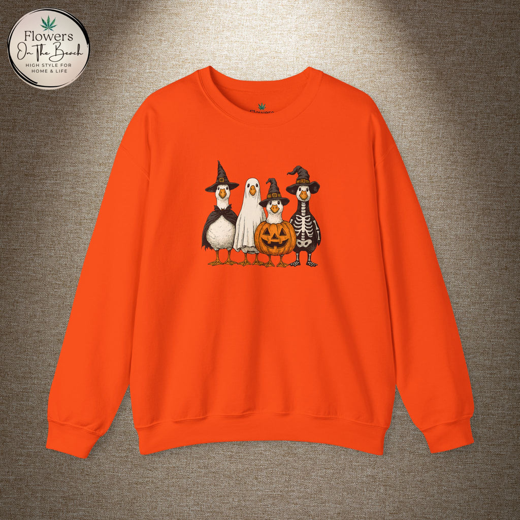 Halloween Duck Crewneck Sweatshirt — Cute Ducks in Costumes with Pumpkin & Skeleton