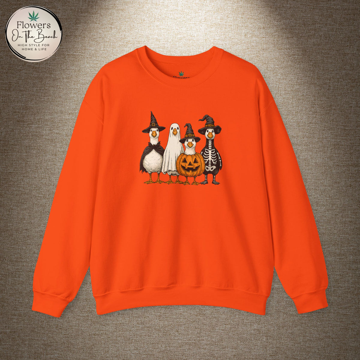 Halloween Duck Crewneck Sweatshirt — Cute Ducks in Costumes with Pumpkin & Skeleton