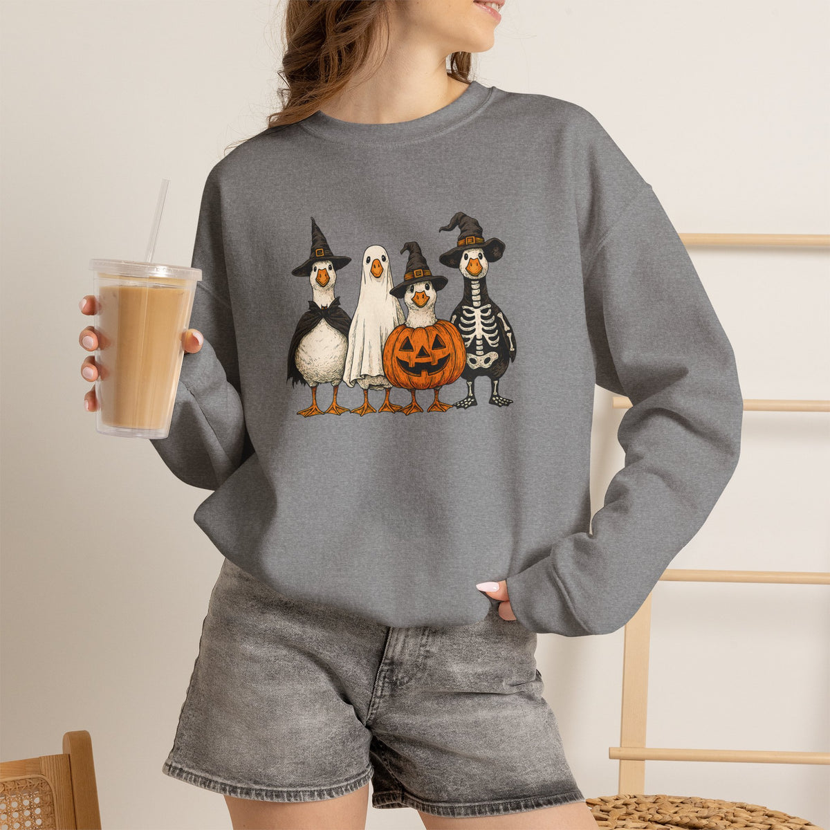 Halloween Duck Crewneck Sweatshirt — Cute Ducks in Costumes with Pumpkin & Skeleton