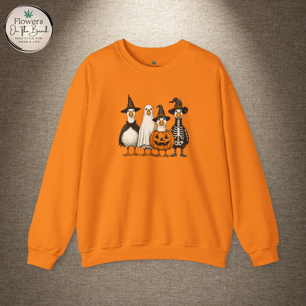 Halloween Duck Crewneck Sweatshirt — Cute Ducks in Costumes with Pumpkin & Skeleton