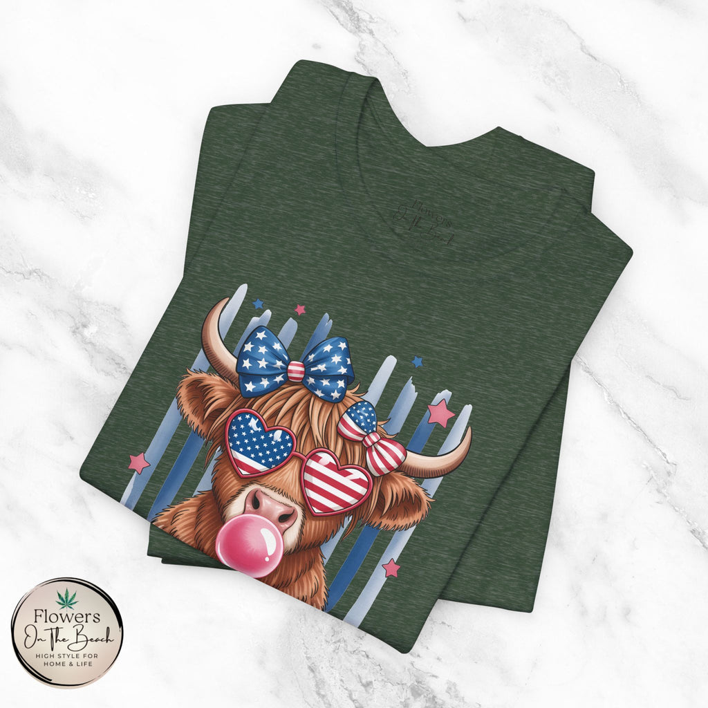 All-American Girl Highland Cow T-Shirt — Patriotic Cute Cow Tee